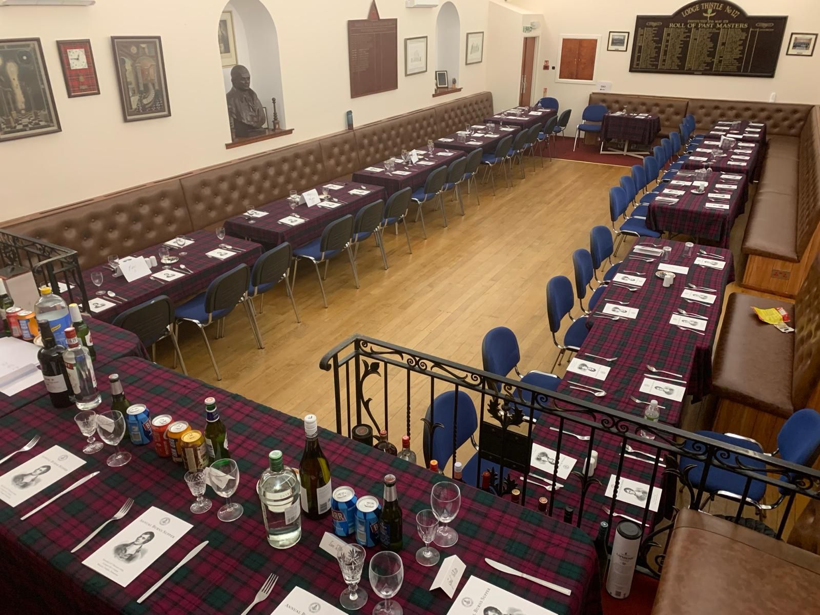 The lodge hall set for a dinner