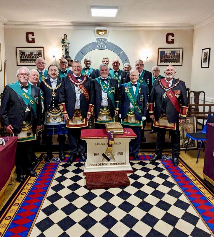 Pictured from left front: Bro. Andrew Jeffrey, Bro. Ian Hamilton IPM, Bro. Charles Gilmour RWM Lodge Pollok No. 772, Bro. David Pattison RWM 133, Bro. Angus MacDonald RWM, Bro. Robert Rosbotham PM, Bro. Bobby McCorriston RWM 1398. Back row: Bro. Archie Chalmers PM, Bro. Gabriel Ritchie, Bro. Brendan Montgomery, Bro. Gordon McPhail, Bro. Jim Shields PM, Bro. Maxwell Galt DM, Bro. Alan Whitehill PM, Bro. Elijah Beattie PM.
